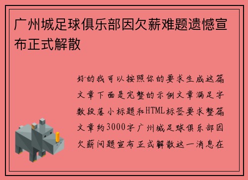 广州城足球俱乐部因欠薪难题遗憾宣布正式解散 广州城足球俱乐部因欠薪难题遗憾宣布正式解散