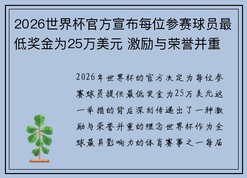 2026世界杯官方宣布每位参赛球员最低奖金为25万美元 激励与荣誉并重